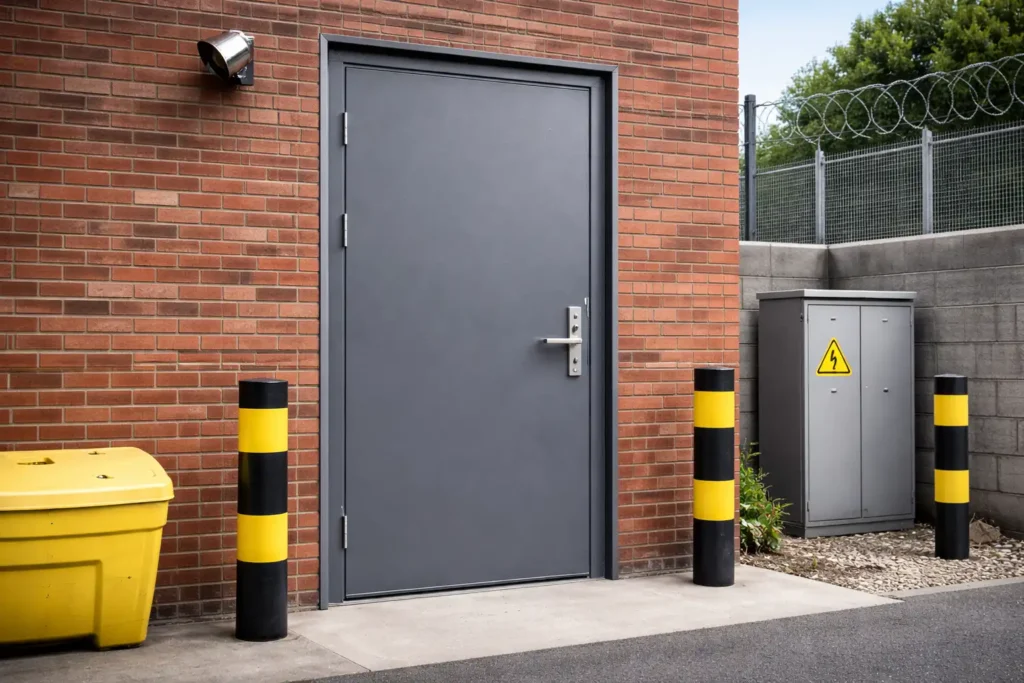 Industrial security door with CCTV and bollards