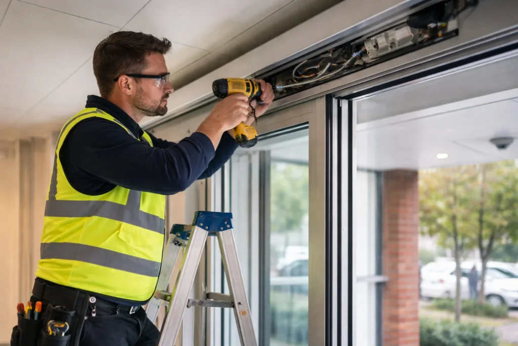 Technician repairing automatic sliding door